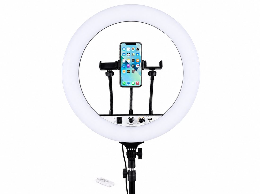 Studio ring light with phone holder